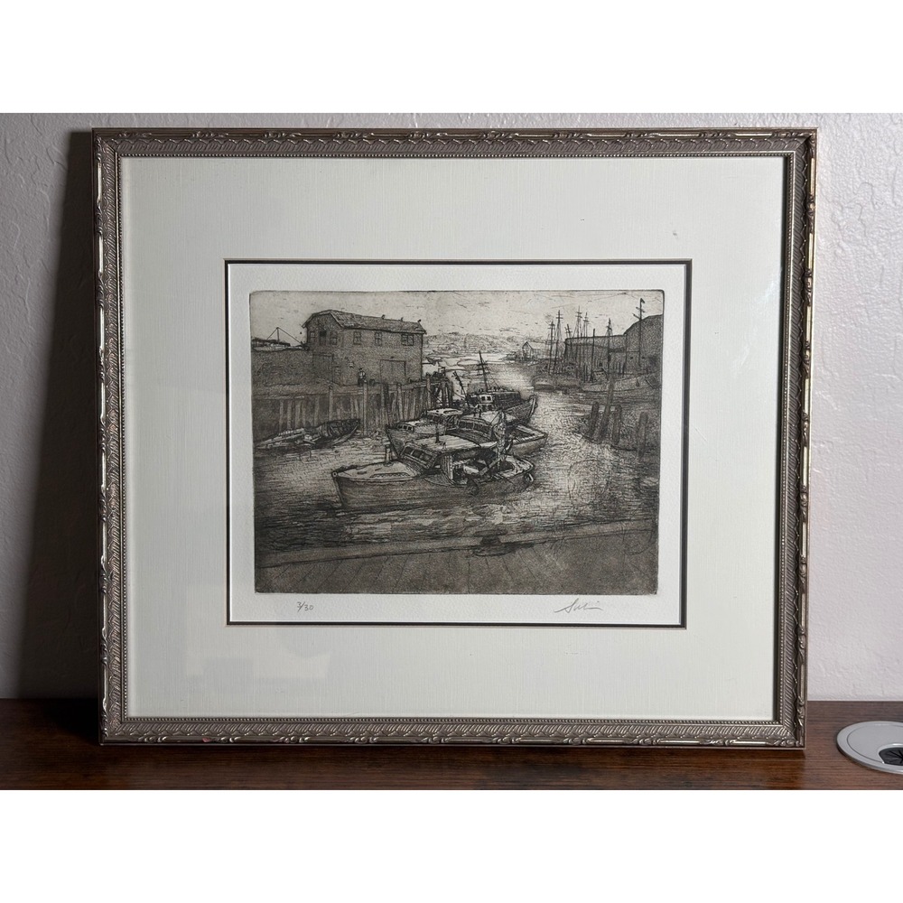 Signed Limited Edition Etching 3/30 Harbor‎ Fishing Boats Framed Nautical Art